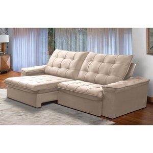 Sofá Retrátil e Reclinável Alasca New 3 Lugares Veludo Bege 210cm - Ferguile