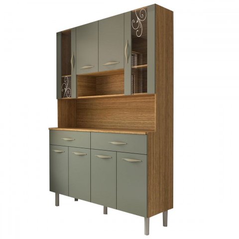 Armário de Cozinha com Balcão Sansa 8 Portas 2 Gavetas com Vidro Freijó/gris - Panorama Móveis