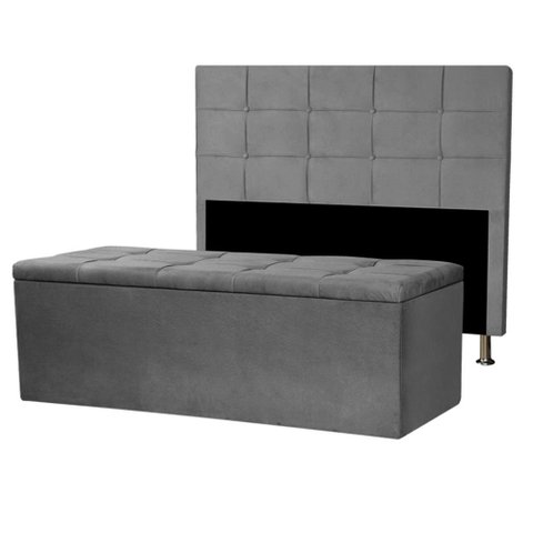 Kit Cabeceira e Calçadeira Baú Queen 1,60m Roma Suede Cinza Sky Mobile