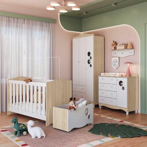 Quarto Infantil 5 Peças com Berço Guarda Roupa Cômoda Prateleira Caixa Organizadora MDP Carvalho