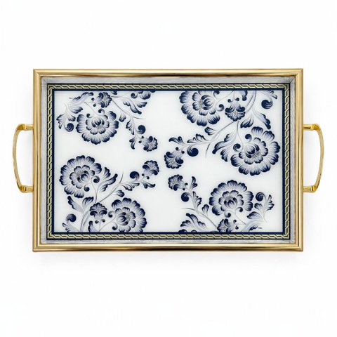 Bandeja Decorativa Branca com Detalhes Azul e Dourado 30x45cm