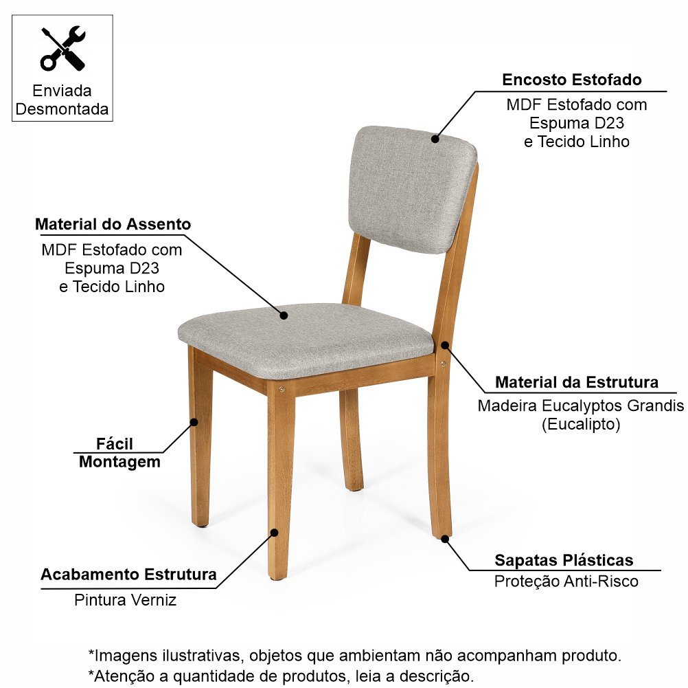 Conjunto 4 Cadeiras de Jantar Estofada em Madeira Maciça Ella Cinza Claro - 2