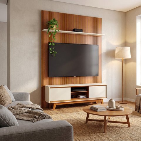 Rack com Painel Ripado para TV até 65 Polegadas 244cm x 179cm Marrom Cinamomo/Off White Milo