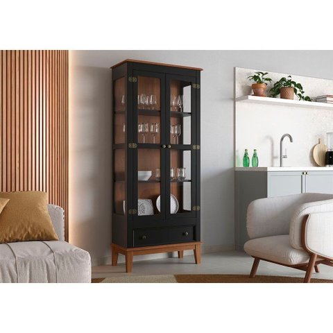 Cristaleira de Madeira Maciça 2 Portas + 1 Gaveta - Cor: Preto/amêndoa