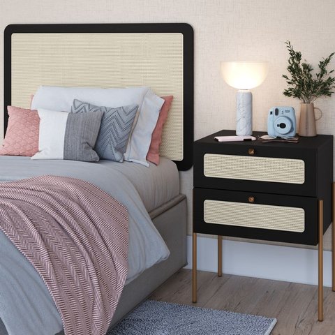 Conjunto Cabeceira Solteiro 90cm e Mesa de Cabeceira 2 Gavetas Pé Metal Palhinha Oslo Artesano | Han