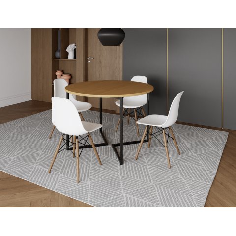 Mesa Industrial Base Ferro Preto em V Tampo 110cm Canela 4 Cadeiras Eames Madeira Assento Branco