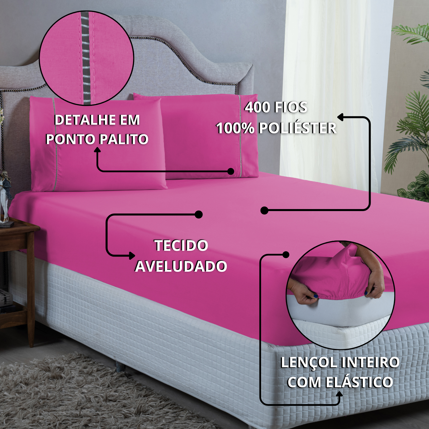 Jogo de Cama Casal 400 Fios Ponto Palito 3 Peças Toque Macio Aveludado:pink - 5