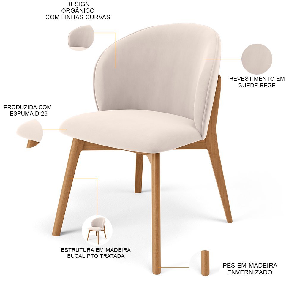 Kit 04 Cadeiras de Jantar e Estar Living Estofada Mia L02 Suede Bege - Lyam Decor - 4