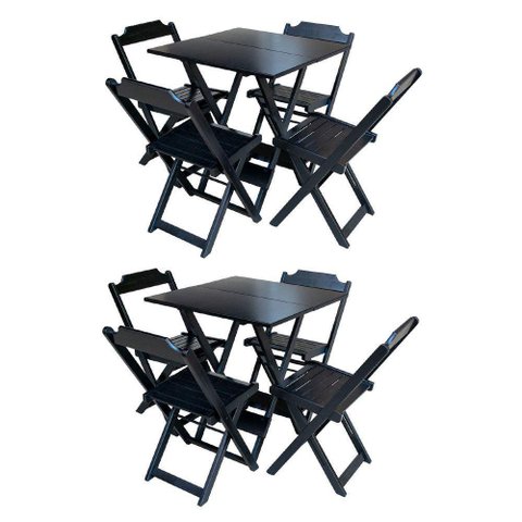 Kit 2 Jogos De Mesa Dobrável Com 4 Cadeiras Em Madeira Maciça 70X70 - Preto - Preto
