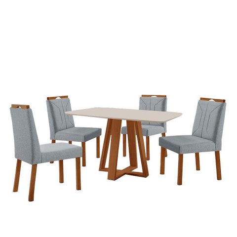 Conjunto Sala de Jantar Mesa Floripa 120x80cm Off White com 4 Cadeiras Luna Linho Cinza