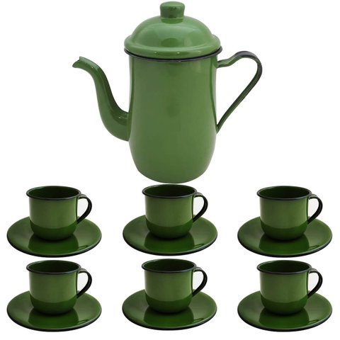 Kit Bule de Café e Chá com 6 Xícaras e Pires Aço Esmaltado Verde Botânico