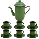 Ver imagem 1 de Kit Bule de Café e Chá com 6 Xícaras e Pires Aço Esmaltado Verde Botânico