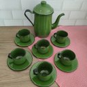 Ver imagem 2 de Kit Bule de Café e Chá com 6 Xícaras e Pires Aço Esmaltado Verde Botânico