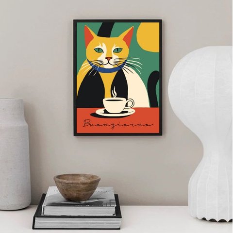 Quadro Gato Colorido - Buongiorno 45x34cm - com Vidro:moldura Branca