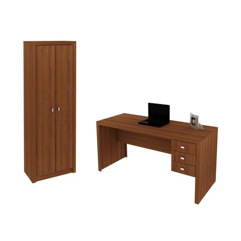 Escritório com Mesa para Computador e Armário 2 Portas Amendoa - Fdecor