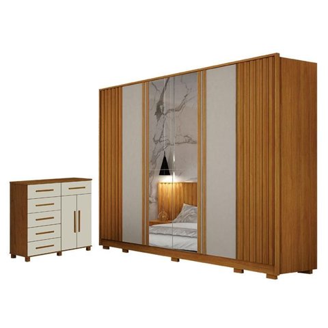 Guarda Roupa Casal Evo 6 Portas com Espelho Cinamomo e Off-white com Cômoda São Paulo 6 Gavetas 2 Po