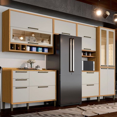 Armário de Cozinha com Balcão e Tampo 12 Portas 4 Gavetas Pérola 100% Mdf Vidro Reflecta Amêndoa/off