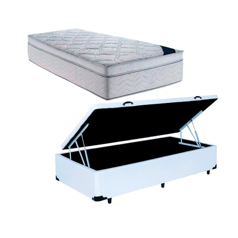 Cama Baú Solteiro 88 Tecido Sintético Branco com Colchão Toronto Molas Ensacadas Branco D33