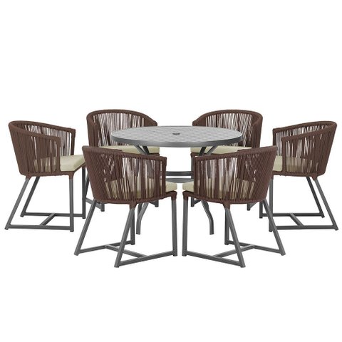 Mesa com 6 Cadeiras de Jantar Roma 120cm e Noronha em Alumínio Preto Corda Náutica Estofado 7 Trama