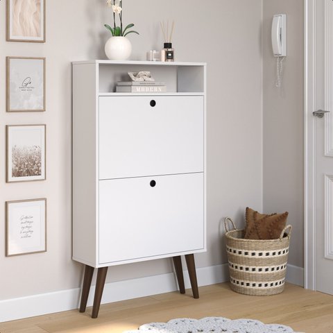 Sapateira com 2 Portas Basculantes Drex Estilo Retrô para Hall de Entrada ou Quarto - Branco