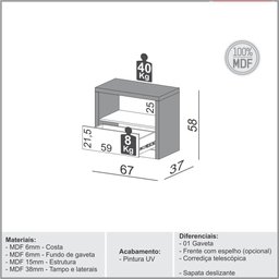 Mesa de Cabeceira Kiev com 1 Gaveta Espelhada Cor Freijo com Off White - 64746 - 2