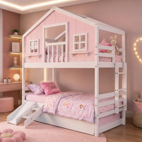 Treliche Infantil Casinha Dos Sonhos com Varanda Madeira Maciça Rosa Branco Megamobília Solteiro