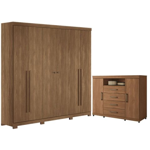 Guarda Roupa Casal Ripado 6 Portas Buriti com Pés e Cômoda Havana Master com Rodizio Jatobá Acetinad