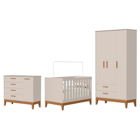 Dormitório Infantil Flip Guarda Roupa 3 Portas, Cômoda 1 Porta e Berço Areia Fosco - Reller Mó