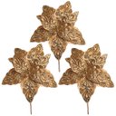 Ver imagem 1 de Kit 3 Flores Bico de Papagaio Pick Natal Veludo Arabesco Glitter Dourado 28cm - Magizi