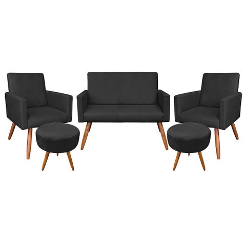 Kit Namoradeira 2 Poltronas e 2 Puffs Redondo Nina Suede Preto Pés Palito Castanho - Pallazio