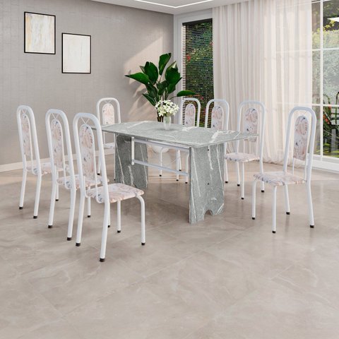 Conjunto Sala de Jantar com 8 Cadeiras Lara Branco/Bege