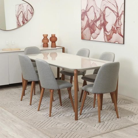 Conjunto de Jantar Mesa Retangular com Vidro Donatella com 6 Cadeiras New Drop - Natural C/ Cinza