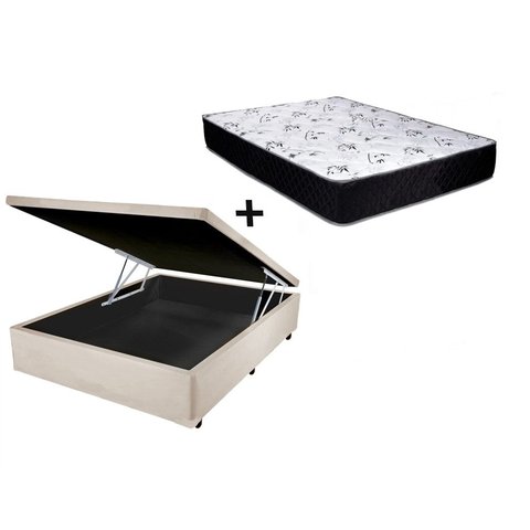 Cama Box Baú Casal Conforto Sintético Bege + Colchão Casal Conforto Espuma D23 17x138x188