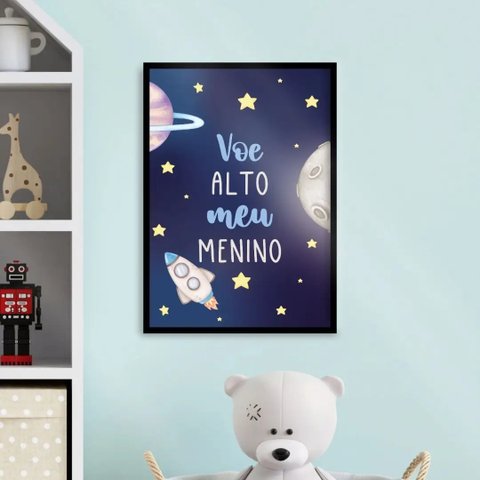 Quadro Infantil Voe Alto Foguete Espaço 24x18cm:Madeira branca
