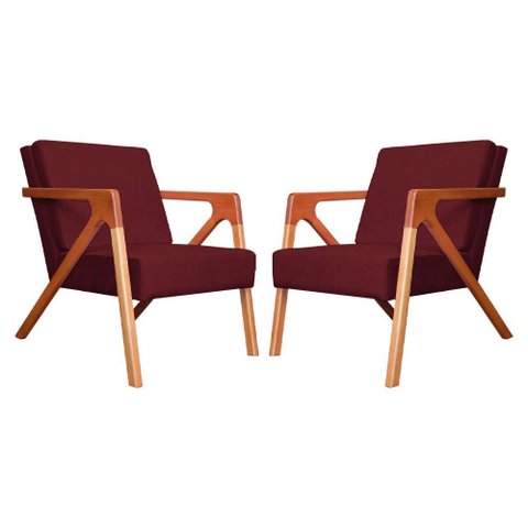 Conjunto 2 Poltronas Monalisa Com Braços de Madeira Suede Vermelho Bordo - LM DECOR