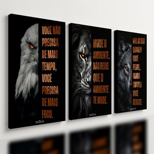 Kit 3 Quadro Decorativo Motivacional Leão Águia Lobo Foco 28x20cm