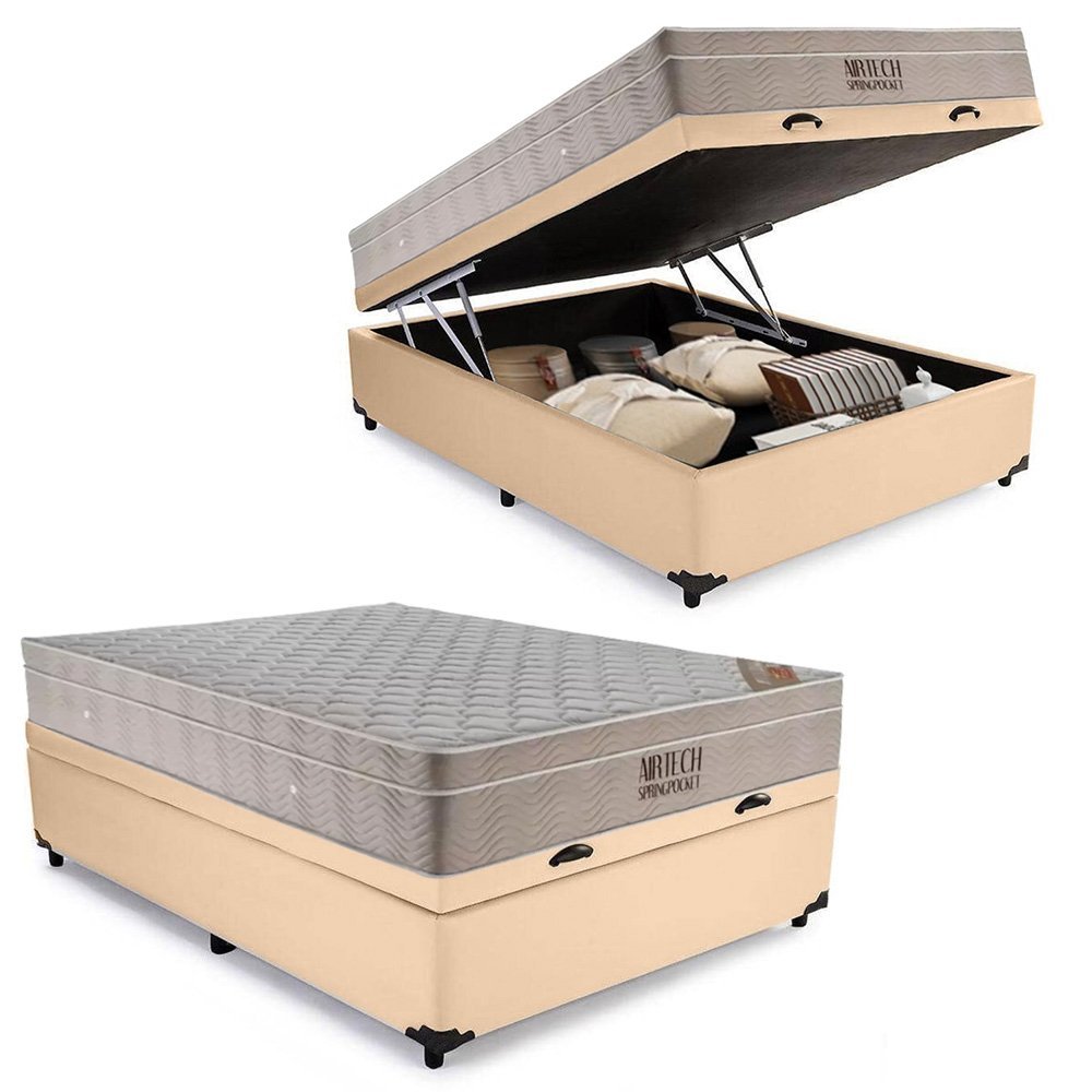 Cama Box Baú Casal Sintético + Colchão Ortobom Airtech Molas Ensacadas 138x188x65 Bege