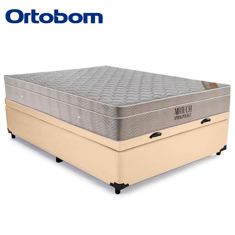 Cama Box Baú Casal Sintético + Colchão Ortobom Airtech Molas Ensacadas 138x188x65 Bege - 5