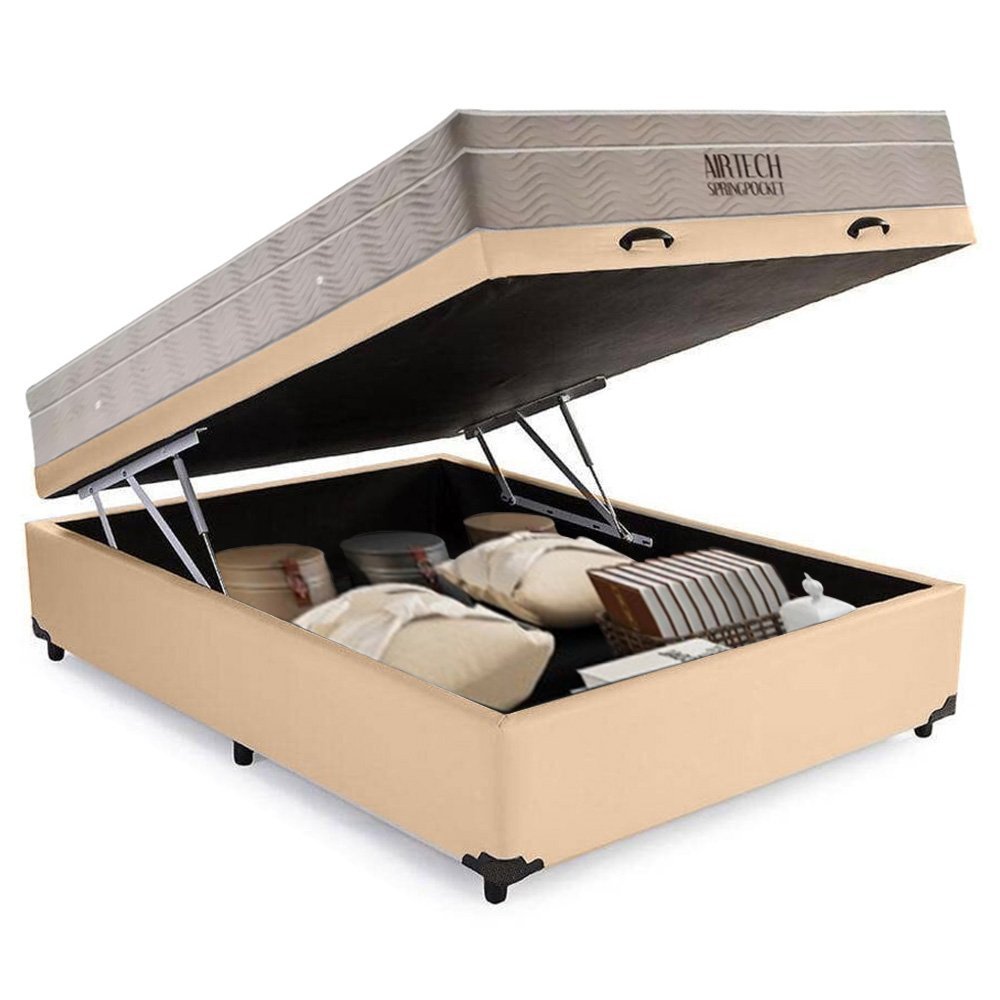 Cama Box Baú Casal Sintético + Colchão Ortobom Airtech Molas Ensacadas 138x188x65 Bege - 6