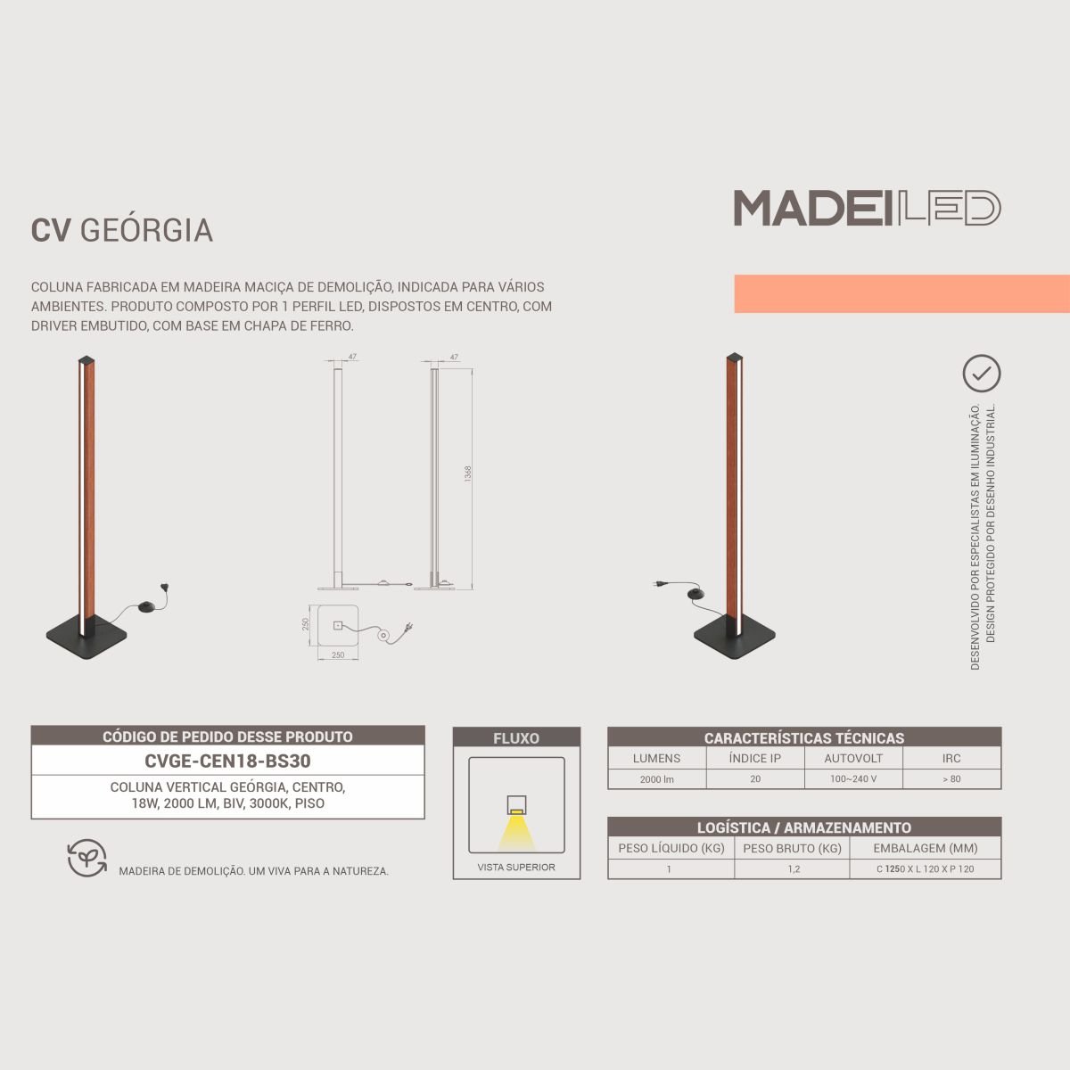 Kit 2 Luminária de Chão Coluna Led Geórgia 18w Bivolt 2000lm em Madeira Maciça - 4