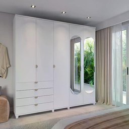 Guarda-roupa Casal com Espelho 5 Portas 4 Gavetas 100% Mdf Look 226 Cm - Branco Fosco C/ Champanhe - 1