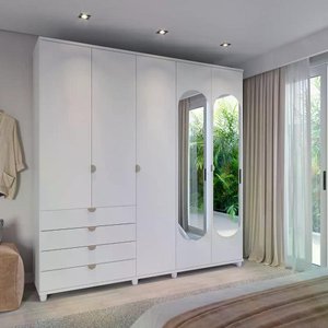 Guarda-roupa Casal com Espelho 5 Portas 4 Gavetas 100% Mdf Look 226 Cm - Branco Fosco C/ Champanhe