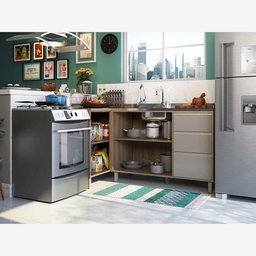 Cozinha de Canto Pequena 2 Peças com Aéreo Balcão Canto e Balcão para Pia Mel Luciane Móveis - 2