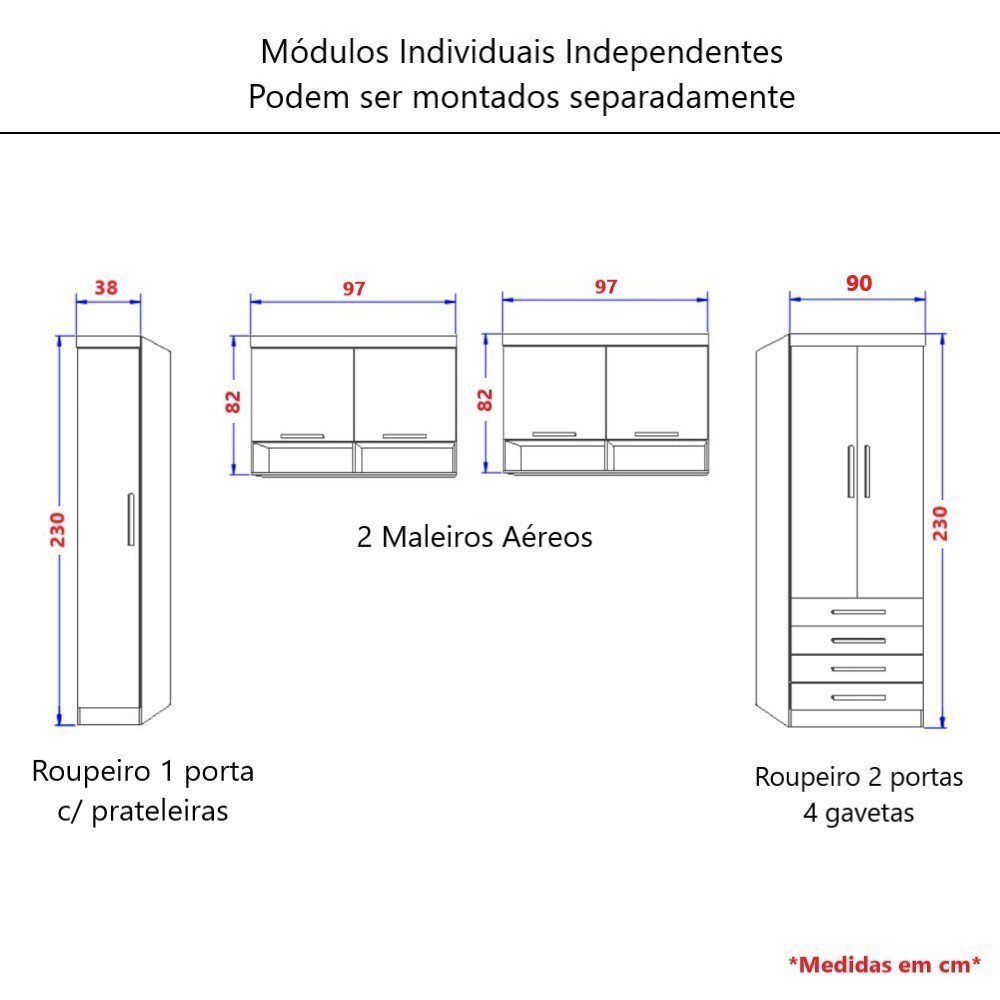 Guarda Roupa Dormitório Modulado Alpes Solteiro - Roupeiro Luciane M03:Branco - 5