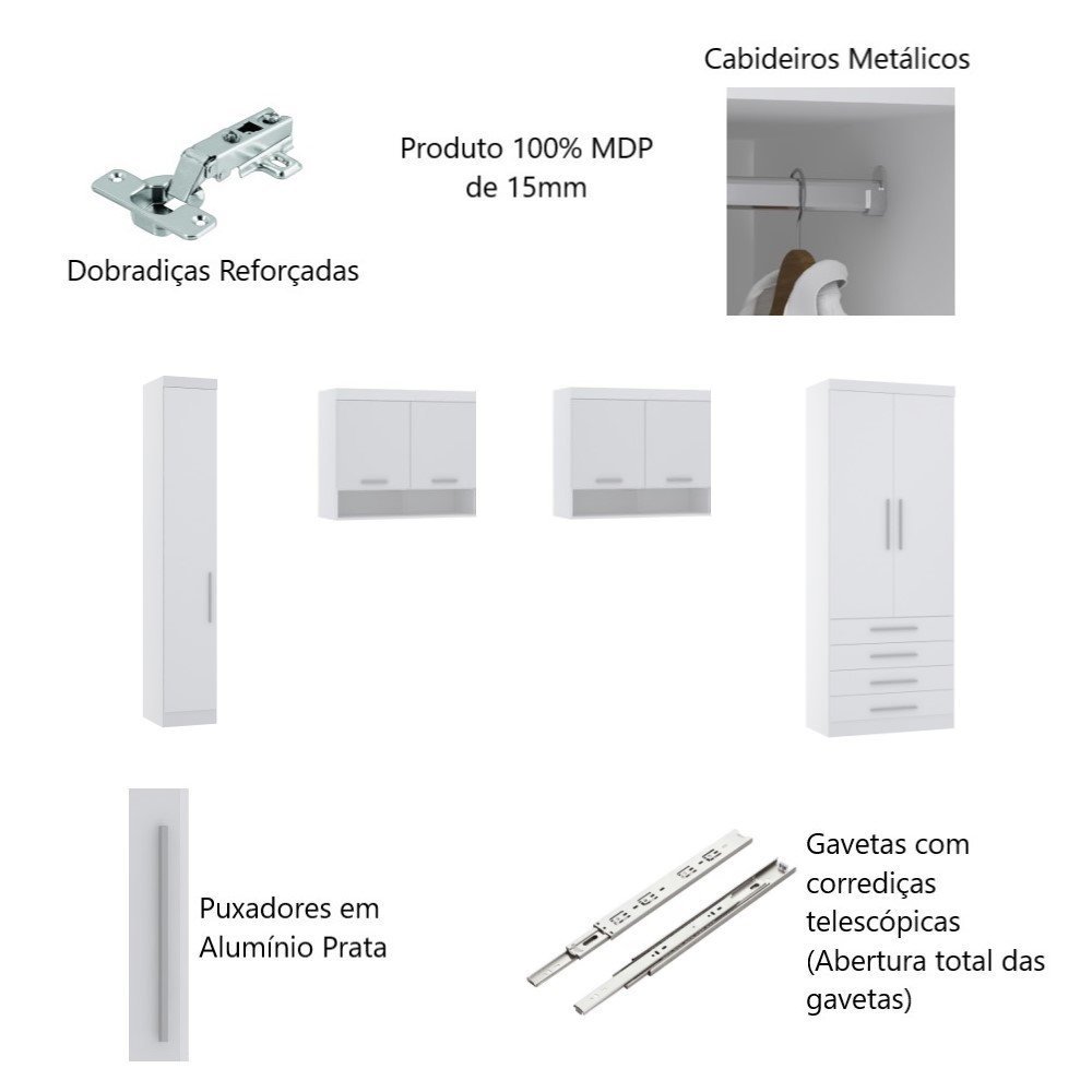 Guarda Roupa Dormitório Modulado Alpes Solteiro - Roupeiro Luciane M03:Branco - 3