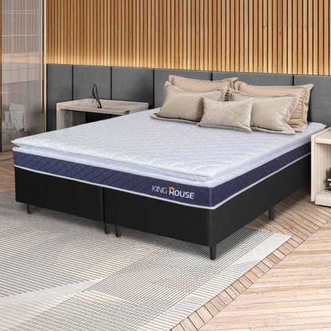 Conjunto Box Preto Durban Azul Espuma D28 King 193x203x57 - King House