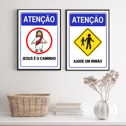 Kit 2 Quadros Placas Cristãs - Atenção 24x18cm:madeira Branca