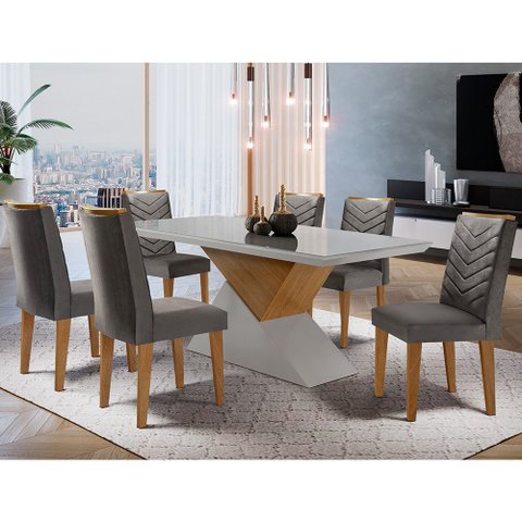 Mesa Aster 180 Tampo em MDF e Vidro com 6 Cadeiras Liz Moderna