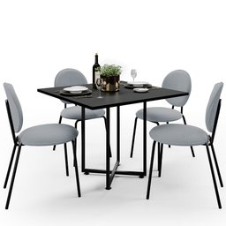 Mesa de Jantar Rivera Preto 90cm com 04 Cadeiras Industrial Évora F01 Bouclê Cinza - Lyam Lyam Decor - 1