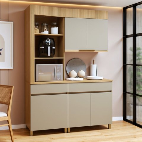 Cozinha Completa Modulada 3 Peças 5 Portas 2 Gavetas Torre Angular 100% MDF Realeza Premium Bege/Carvalho/Greige